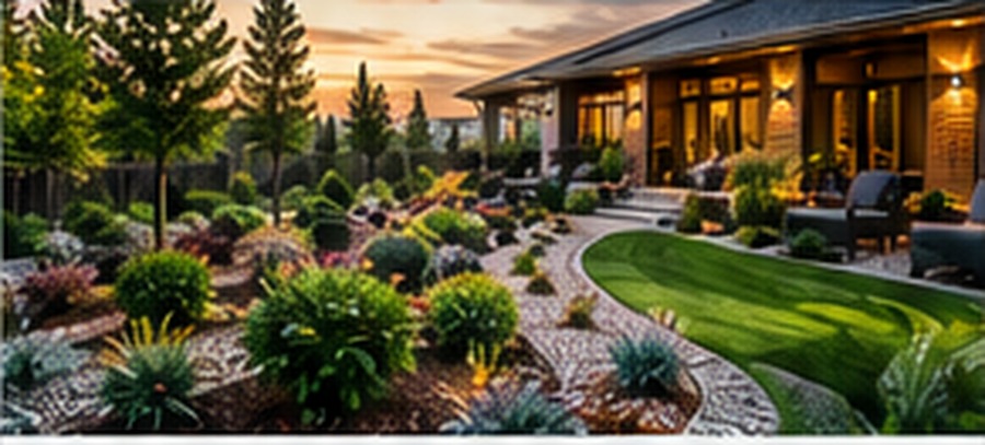 Designed outdoor landscape with planting and curved lawn